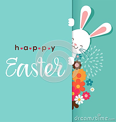 Colorful Happy Easter greeting card with rabbit, bunny, eggs and banners Vector Illustration