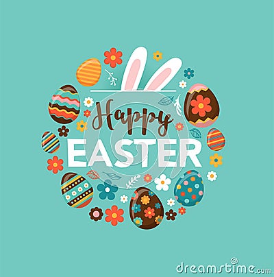 Colorful Happy Easter greeting card with rabbit, bunny and text Vector Illustration