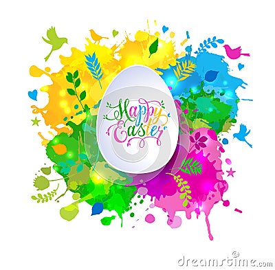 Colorful Happy Easter greeting card with spring elements composition. Colorful hand drawn blots. Vector Illustration