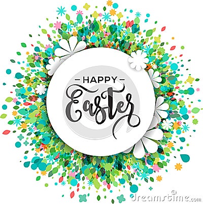 Colorful Happy Easter and spring greeting card, poster with flowers Stock Photo