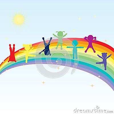 Colorful happy kids standing on a rainbow Stock Photo