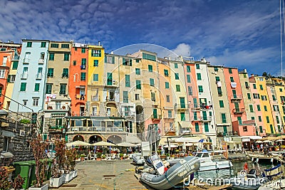 Harbor at Portovenere, Cinque Terre, Liguria, Italy with boats Editorial Stock Photo