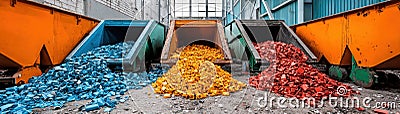 Colorful heaps of recycled material in a waste management facility showcasing efficient sorting operations Stock Photo