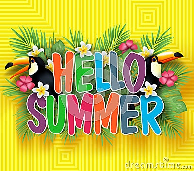 Colorful Hello Summer Lettering Message with Realistic Black Toucan with Tropical Leaves Vector Illustration
