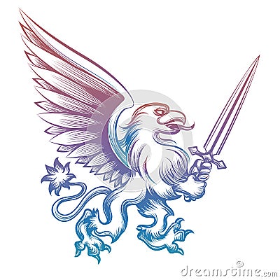 Colorful heraldy griffon with sword Vector Illustration