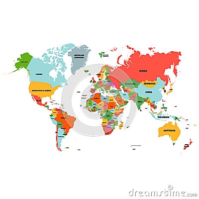 Colorful Hi detailed Vector world map complete with all countries names - Vector Cartoon Illustration
