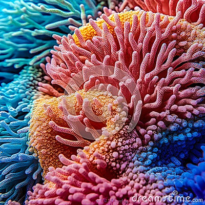 colorful high detailed macro image of sea corals, vivid multicolor textured wallpaper background of sea life corals reef Stock Photo