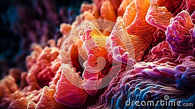 colorful high detailed macro image of sea corals, vivid multicolor textured wallpaper background of sea life corals reef Stock Photo