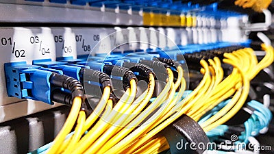 Colorful high speed optical fiber cables connected to the cloud network servers equipment switch inside modern big data center Stock Photo