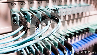 Colorful high speed optical fiber cables connected to the cloud network servers equipment switch inside modern big data center Stock Photo