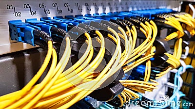 Colorful high speed optical fiber cables connected to the cloud network servers equipment switch inside modern big data center Stock Photo