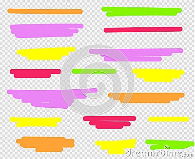 Colorful highlighters set. Yellow, green, purple, red and orange Vector Illustration