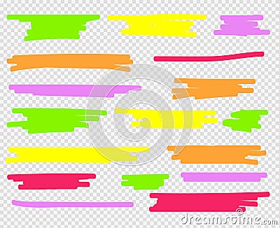 Colorful highlighters set. Yellow, green, purple, red and orange Vector Illustration