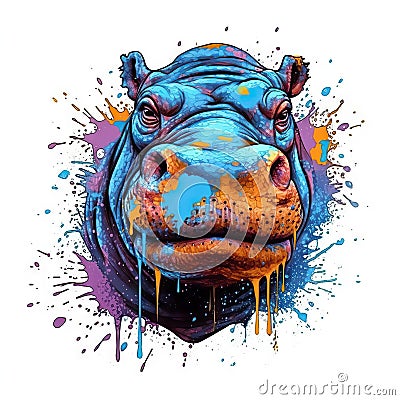 Colorful Hippopotamus Head in Dark Bronze and Azure Neonpunk Style. Stock Photo