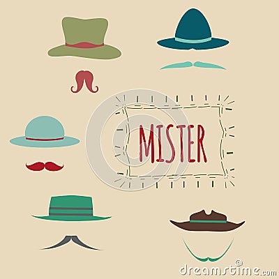 Colorful Hipster Moustache Icon Set. Vector Illustration