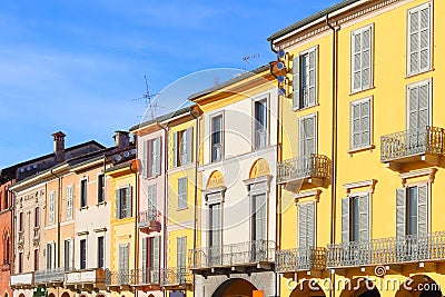 colorful historical buildings on piazza vittoria in lodi city italy Stock Photo