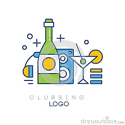 Colorful hobby logo template. Linear vector emblem with headphones, bottle with alcoholic drink, subwoofer and glass of Vector Illustration