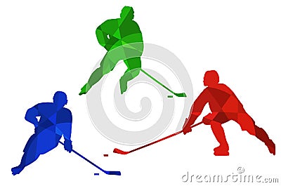 Colorful Hockey Player Silhouettes. Isolated vector colored images. Abstract blue, green and red vector image of sportsmen. Vector Illustration