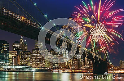 Colorful holiday fireworks panoramic view New York city Manhattan downtown skyline at night Stock Photo