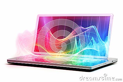 Colorful hologram of chart coming from Laptop. Statistics and growing Stock Photo