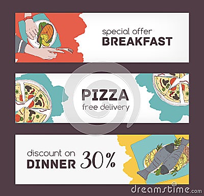 Colorful horizontal banner templates with hand drawn sketches of delicious food and various appetizing dishes. Special Vector Illustration