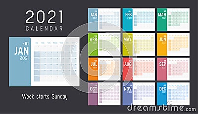 Colorful 2021 horizontal monthly calendar Stock Photo