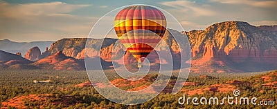 Sunset Hot Air Balloon Above Sedona, Arizona Banner - Generative AI Stock Photo