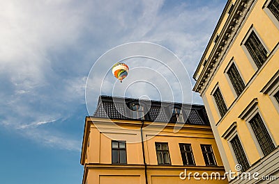 Colorful hot air balloon in blue sky, Stockholm, Sweden Stock Photo