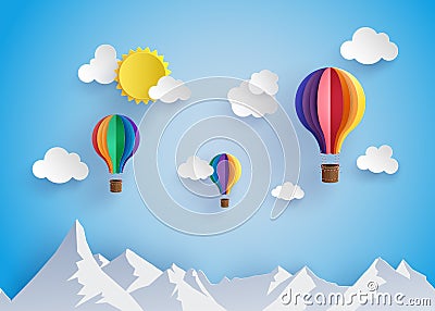 Colorful hot air balloon flyin over moutain Vector Illustration