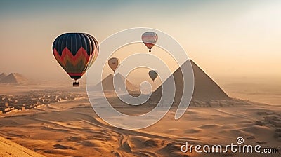 Four Colorful Hot Air Balloons Above The Egyptian Pyramids in Giza, Egypt - Generative AI Stock Photo