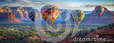 Many Colorful Hot Air Balloons Above Sedona, Arizona Banner - Generative AI Stock Photo