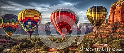 five Hot Air Balloons Above Sedona, Arizona Banner - Generative AI Stock Photo