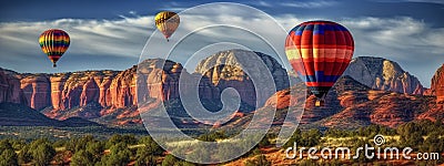 Dramatic Colorful Hot Air Balloons Above Sedona, Arizona Banner - Generative AI Stock Photo