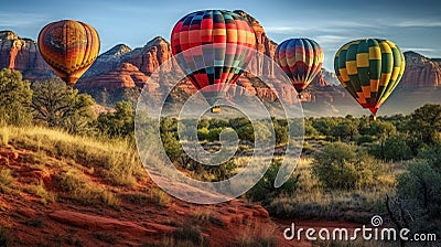 Four Hot Air Balloons Above Sedona, Arizona - Generative AI Stock Photo