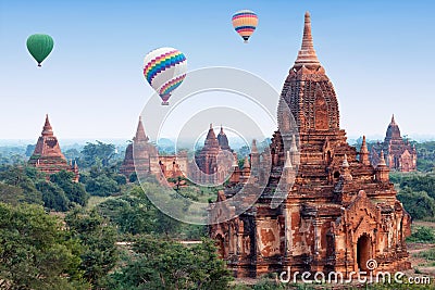 Colorful hot air balloons flying over Bagan, Myanmar Stock Photo