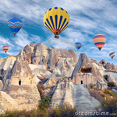 Colorful hot air balloons flying over Cappadocia, Turkey Stock Photo