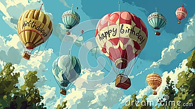 Colorful hot air balloons soaring in the sky, each carrying a birthday message or a well-wishing phrase. simple cartoon happy Stock Photo