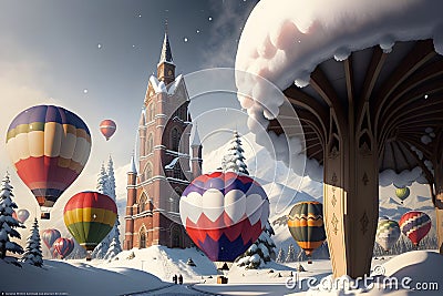 Colorful Hot Air Balloons Taking Off from a Ski Resort in Snowy Mountains. AI generated Stock Photo