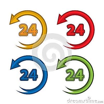 Colorful 24 hours vector set icons. Open around the clock serving clock arrow sign Vector Illustration