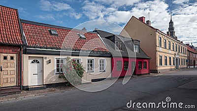 House facades and street in Ystad in Sweden Editorial Stock Photo