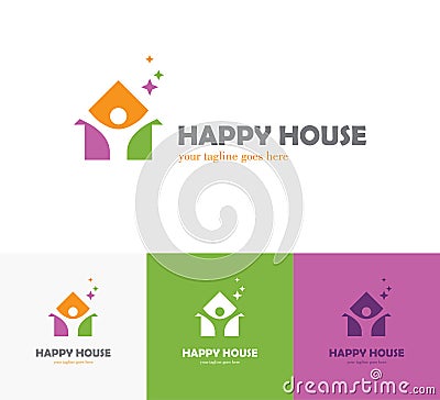 Colorful house logo with abstract man silhouette Vector Illustration