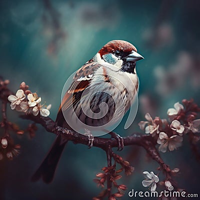 colorful house sparrow perched on a tree branch with flowe Stock Photo