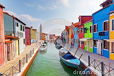 Colorful houses and canal on Burano island, near Venice, Italy. Stock Photo