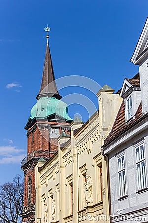 Colorful houses and church tower in Schwerin Stock Photo