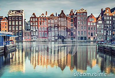 Colorful houses in Amsterdam, Netherlands at sunset Stock Photo