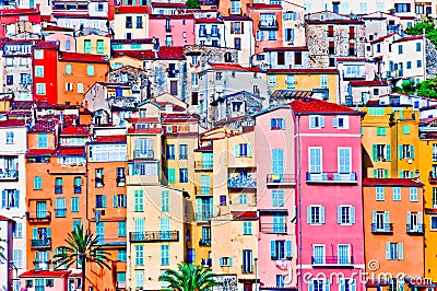 Colorful houses in Provence village of Menton Stock Photo