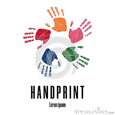 Colorful human palms. Children`s handprint. Logo template. Symbol of team, friendship, united, support, family. Vector. Vector Illustration