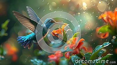 multi-colored Humming bird feeding from a nectar in a rainy day Stock Photo