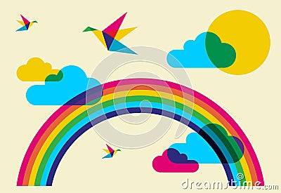 Colorful humming birds and rainbow Vector Illustration