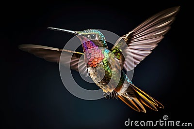 Colorful Hummingbird in Flight on Black Background . AI generated Illustration Stock Photo